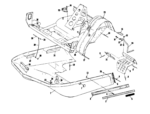 Parts Diagram for Arctic Cat 1975 EL TIGRE' Z 440 SNOWMOBILE BELLY PAN AND FRONT FRAME