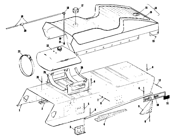 Parts Diagram for Arctic Cat 1975 EL TIGRE' Z 340 SNOWMOBILE TUNNEL, GAS TANK AND SEAT