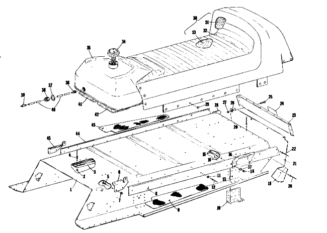 Parts Diagram for Arctic Cat 1975 PANTERA 340 SNOWMOBILE TUNNEL, GAS TANK AND SEAT