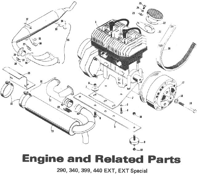 Parts Diagram for Arctic Cat 1971 EXTEXTSpecialKingKat SNOWMOBILE ENGINE AND RELATED PARTS (290, 340, 399, 440, EXT, EXT Special)