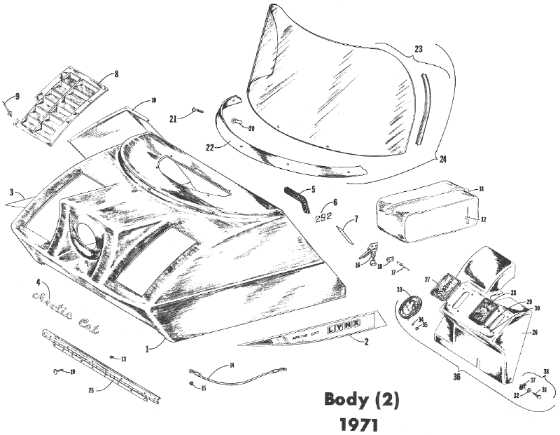 Parts Diagram for Arctic Cat 1971 Lynx SNOWMOBILE HOOD & WINDSHIELD