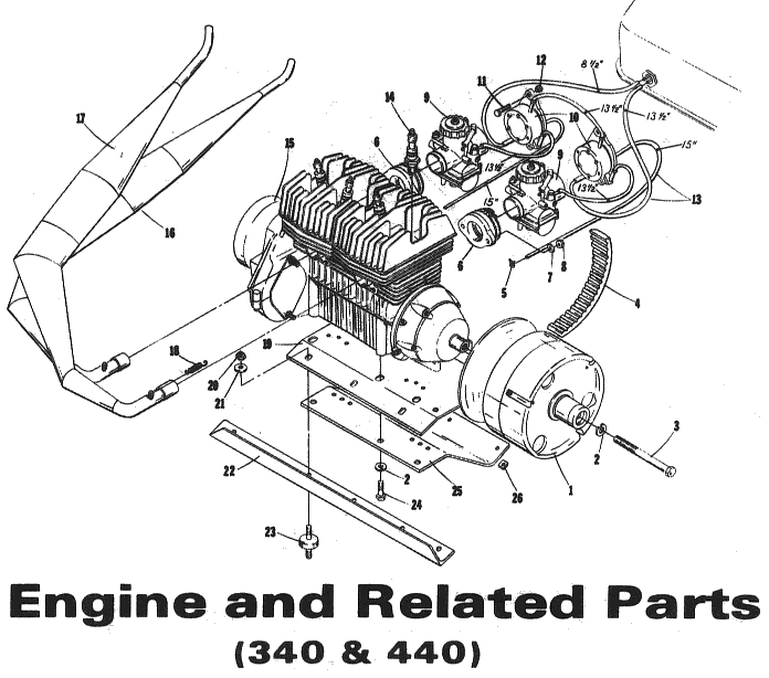 Parts Diagram for Arctic Cat 1973 EXT SNOWMOBILE ENGINE & RELATED PARTS (340 & 440)