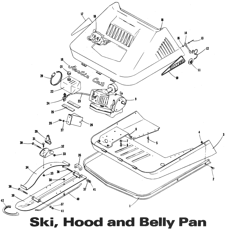 Parts Diagram for Arctic Cat 1973 KittyCat SNOWMOBILE SKI, HOOD & BELLY PAN
