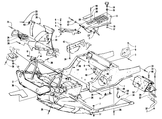 Parts Diagram for Arctic Cat 1996 JAG DELUXE SNOWMOBILE FRONT FRAME, BELLY PAN AND FOOTREST ASSEMBLY