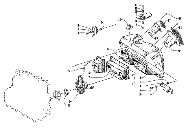Parts Diagram for Arctic Cat 1998 THUNDERCAT SNOWMOBILE CARBURETOR AND AIR SILENCER ASSEMBLY