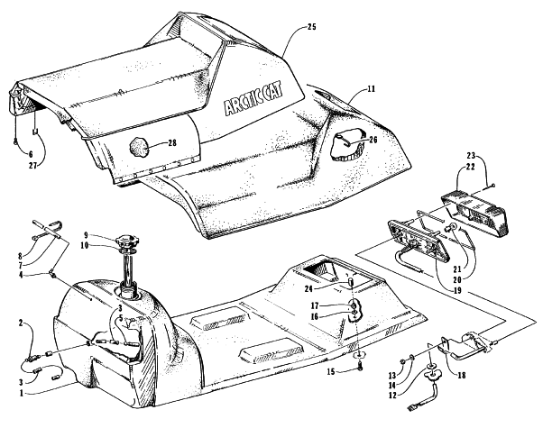 Parts Diagram for Arctic Cat 1997 ZR 440 SNOWMOBILE GAS TANK, SEAT, AND TAILLIGHT ASSEMBLY