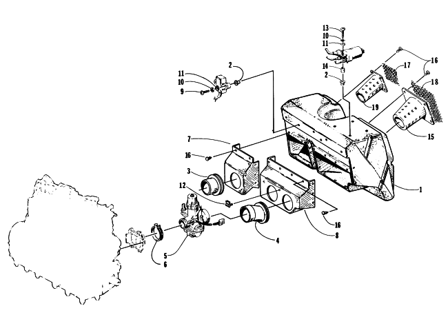 Parts Diagram for Arctic Cat 1997 EXT 600 SNOWMOBILE CARBURETOR AND AIR SILENCER ASSEMBLY