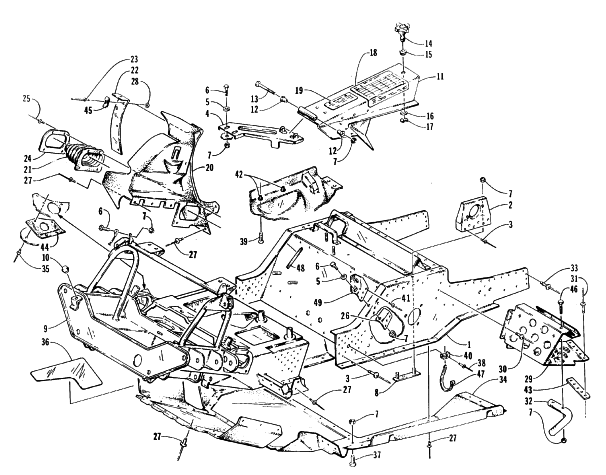 Parts Diagram for Arctic Cat 1996 PUMA 2-UP SNOWMOBILE FRONT FRAME, BELLY PAN, AND FOOTREST ASSEMBLY