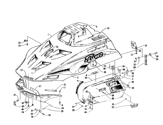 Parts Diagram for Arctic Cat 1996 PUMA DELUXE SNOWMOBILE HOOD AND SIDE PODS