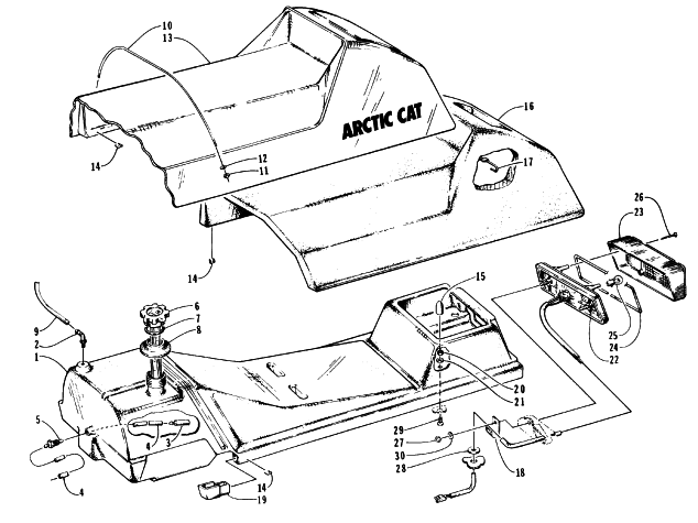 Parts Diagram for Arctic Cat 1996 PUMA DELUXE SNOWMOBILE GAS TANK, SEAT, AND TAILLIGHT ASSEMBLIES