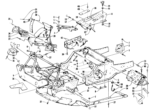 Parts Diagram for Arctic Cat 1996 PUMA SNOWMOBILE FRONT FRAME, BELLY PAN, AND FOOTREST ASSEMBLY
