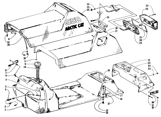 Parts Diagram for Arctic Cat 1996 COUGAR MOUNTAIN CAT SNOWMOBILE GAS TANK, SEAT, AND TAILLIGHT ASSEMBLY
