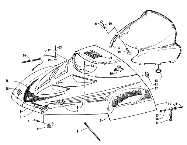 Parts Diagram for Arctic Cat 1996 COUGAR MOUNTAIN CAT SNOWMOBILE HOOD AND WINDSHIELD ASSEMBLY