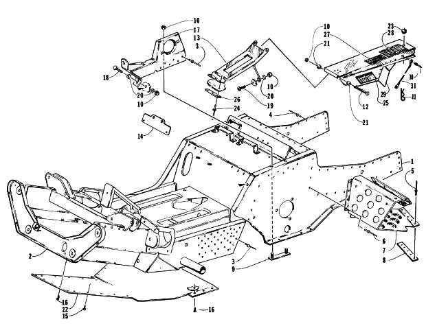 Parts Diagram for Arctic Cat 1996 COUGAR MOUNTAIN CAT SNOWMOBILE FRONT FRAME, FOOTREST, AND BELT GUARD ASSEMBLY