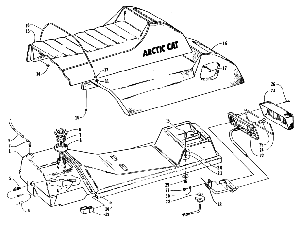 Parts Diagram for Arctic Cat 1996 JAG DELUXE SNOWMOBILE GAS TANK, SEAT, AND TAILLIGHT ASSEMBLIES