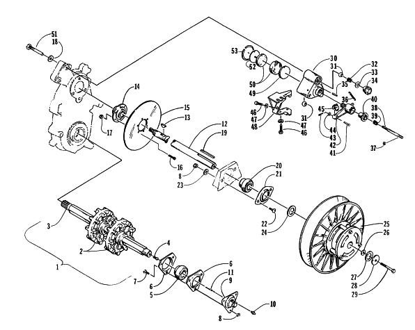 Parts Diagram for Arctic Cat 1996 JAG DELUXE SNOWMOBILE DRIVE TRAIN SHAFTS AND BRAKE ASSEMBLIES