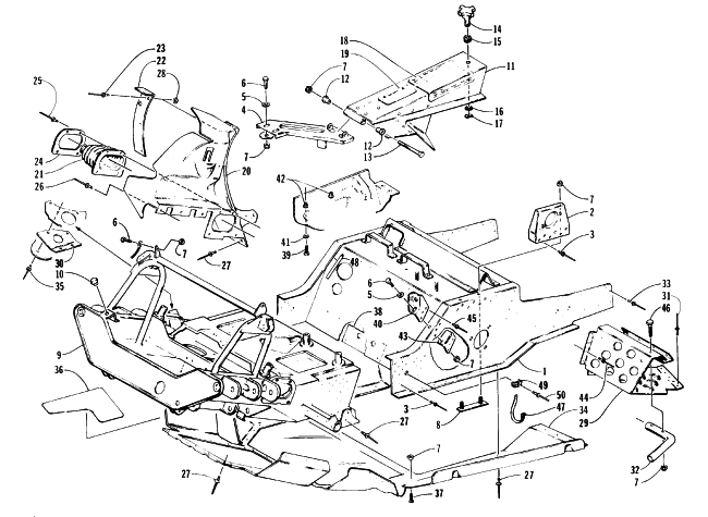 Parts Diagram for Arctic Cat 1996 JAG LIQUID SNOWMOBILE FRONT FRAME, BELLY PAN AND FOOTREST ASSEMBLY