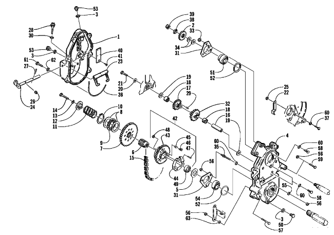 Parts Diagram for Arctic Cat 1997 COUGAR MOUNTAIN CAT SNOWMOBILE DRIVE/REVERSE DROPCASE ASSEMBLY