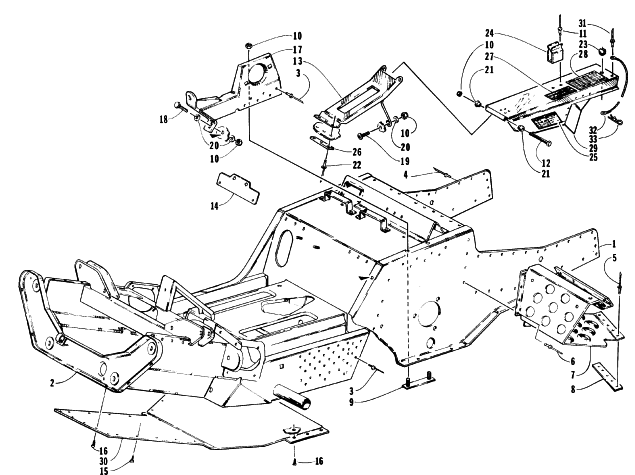 Parts Diagram for Arctic Cat 1996 COUGAR 2-UP SNOWMOBILE FRONT FRAME, FOOTREST, AND BELT GUARD ASSEMBLY