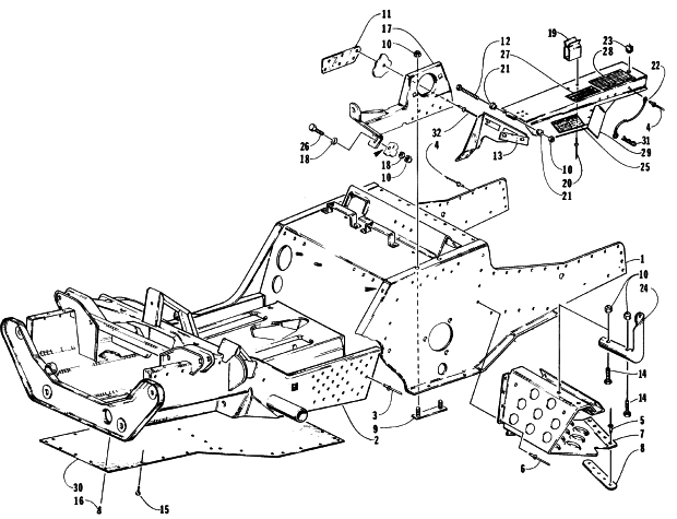 Parts Diagram for Arctic Cat 1996 EXT 580 SNOWMOBILE FRONT FRAME, FOOTREST, AND GUARD ASSEMBLY