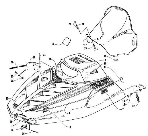 Parts Diagram for Arctic Cat 1996 EXT EFI SNOWMOBILE HOOD AND WINDSHIELD ASSEMBLY