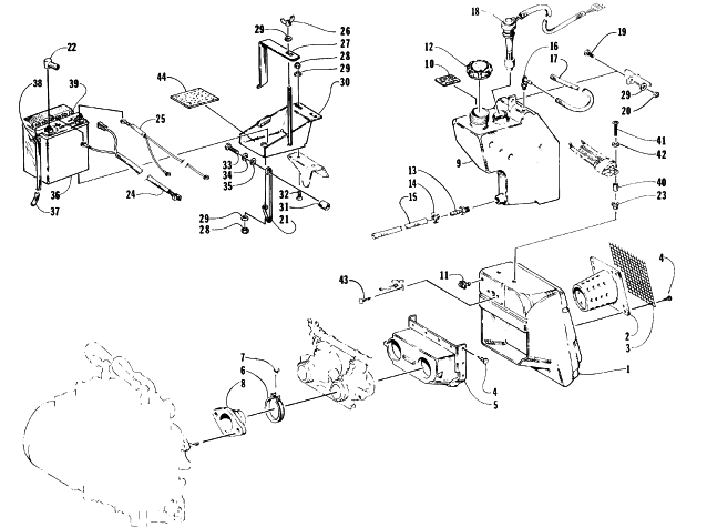 Parts Diagram for Arctic Cat 1996 EXT EFI MOUNTAIN CAT SNOWMOBILE BATTERY, AIR SILENCER, AND OIL TANK