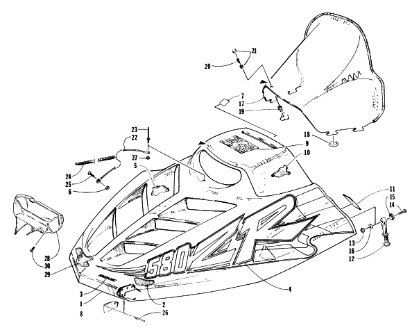 Parts Diagram for Arctic Cat 1996 ZR 580 EFI SNOWMOBILE HOOD AND WINDSHIELD ASSEMBLY