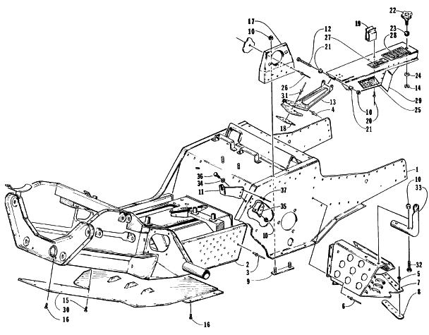 Parts Diagram for Arctic Cat 1996 PANTHER DELUXE SNOWMOBILE FRONT FRAME, BELLY PAN, AND FOOTREST ASSEMBLY