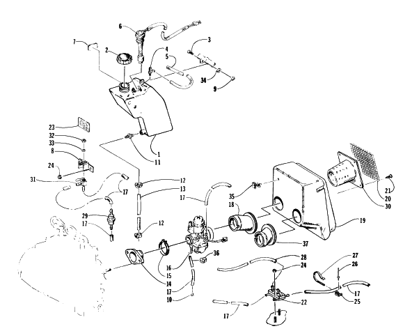 Parts Diagram for Arctic Cat 1996 PANTHER DELUXE SNOWMOBILE OIL TANK, CARBURETOR, FUEL PUMP, AND SILENCER