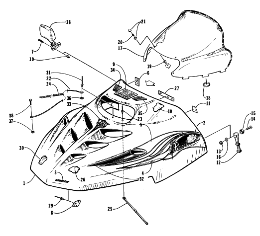 Parts Diagram for Arctic Cat 1996 PANTERA SNOWMOBILE HOOD AND WINDSHIELD ASSEMBLY