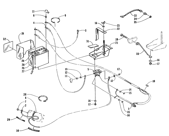 Parts Diagram for Arctic Cat 1996 EXT POWDER SPECIAL SNOWMOBILE BATTERY, SOLENOID, AND CABLES