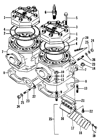 Parts Diagram for Arctic Cat 1996 WILDCAT TOURING SNOWMOBILE CYLINDER AND HEAD ASSEMBLY