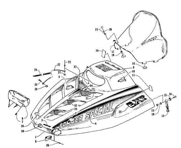 Parts Diagram for Arctic Cat 1996 EXT POWDER SPECIAL SNOWMOBILE HOOD AND WINDSHIELD ASSEMBLY