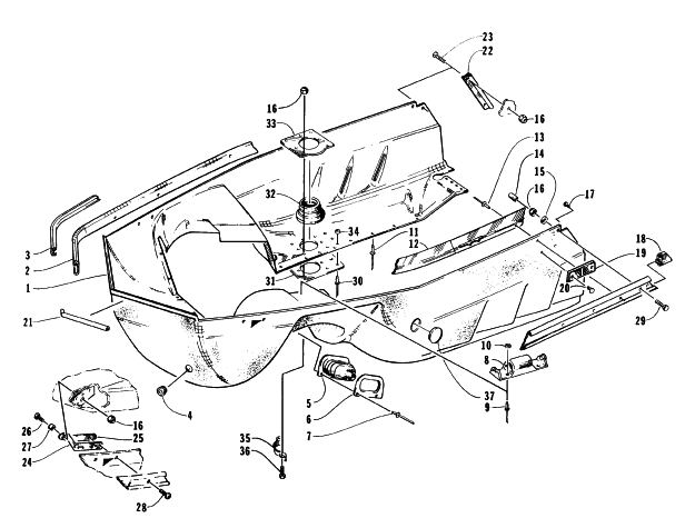 Parts Diagram for Arctic Cat 1996 EXT POWDER SPECIAL SNOWMOBILE BELLY PAN ASSEMBLY