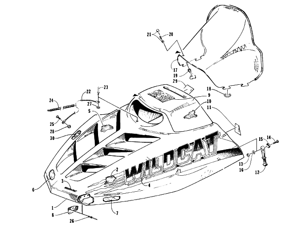 Parts Diagram for Arctic Cat 1996 WILDCAT MOUNTAIN CAT SNOWMOBILE HOOD AND WINDSHIELD ASSEMBLY