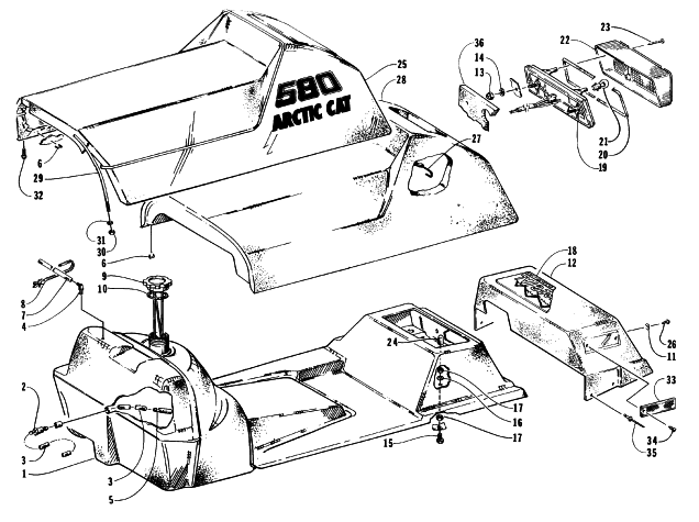 Parts Diagram for Arctic Cat 1996 EXT POWDER SPECIAL SNOWMOBILE GAS TANK, SEAT, AND TAILLIGHT ASSEMBLIES