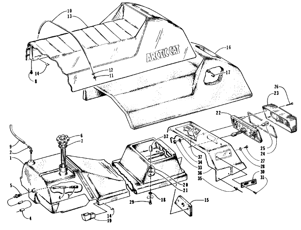 Parts Diagram for Arctic Cat 1996 THUNDERCAT MOUNTAIN SNOWMOBILE GAS TANK, SEAT, AND TAILLIGHT ASSEMBLIES