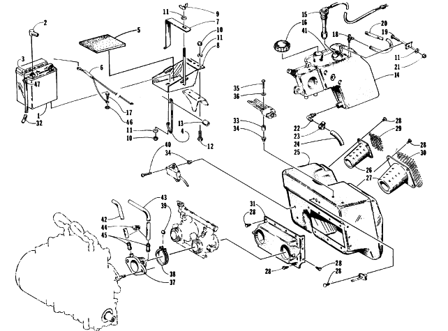 Parts Diagram for Arctic Cat 1996 WILDCAT SNOWMOBILE AIR SILENCER, BATTERY, AND OIL TANK ASSEMBLIES