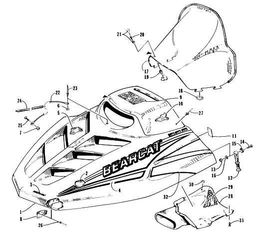 Parts Diagram for Arctic Cat 1996 BEARCAT 340 SNOWMOBILE HOOD AND WINDSHIELD ASSEMBLY