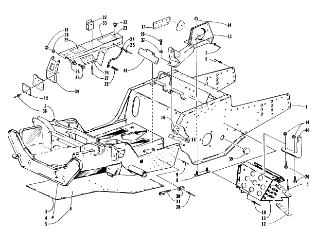 Parts Diagram for Arctic Cat 1996 ZRT 600 SNOWMOBILE FRONT FRAME, FOOTREST AND GUARD ASSEMBLY