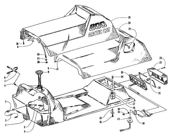 Parts Diagram for Arctic Cat 1996 ZRT 600 SNOWMOBILE GAS TANK, SEAT, AND TAILLIGHT ASSEMBLY