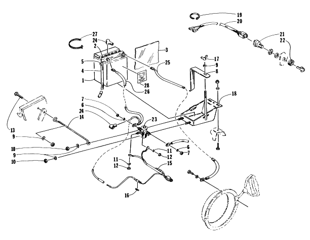 Parts Diagram for Arctic Cat 1997 BEARCAT 440 SNOWMOBILE BATTERY, SOLENOID, AND CABLES