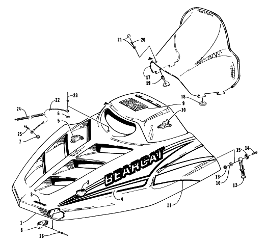 Parts Diagram for Arctic Cat 1996 BEARCAT 550 SNOWMOBILE HOOD AND WINDSHIELD ASSEMBLY