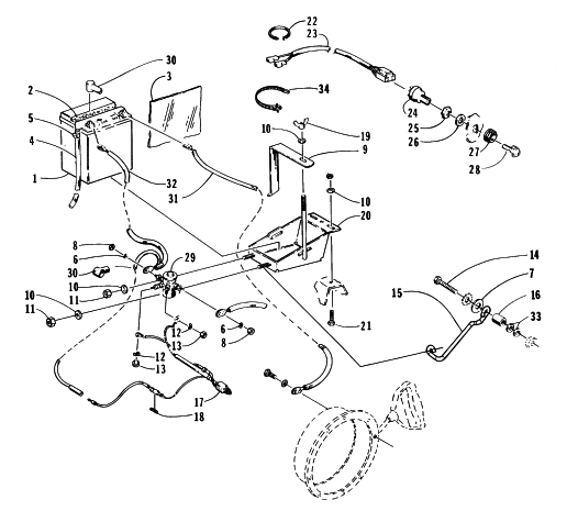 Parts Diagram for Arctic Cat 1996 JAG LIQUID SNOWMOBILE BATTERY, SOLENOID, AND CABLES