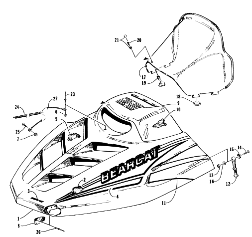 Parts Diagram for Arctic Cat 1996 BEARCAT WIDE TRACK SNOWMOBILE HOOD AND WINDSHIELD ASSEMBLY