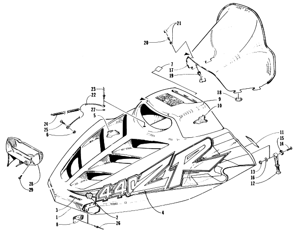 Parts Diagram for Arctic Cat 1996 ZR 440 SNOWMOBILE HOOD AND WINDSHIELD ASSEMBLY