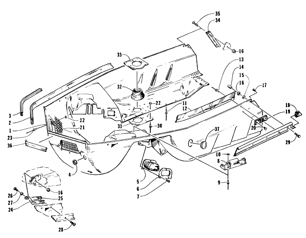 Parts Diagram for Arctic Cat 1996 EXT 580 SNOWMOBILE BELLY PAN ASSEMBLY