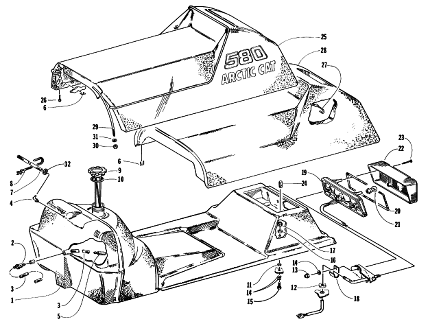 Parts Diagram for Arctic Cat 1996 EXT 580 SNOWMOBILE GAS TANK, SEAT, AND TAILLIGHT ASSEMBLY