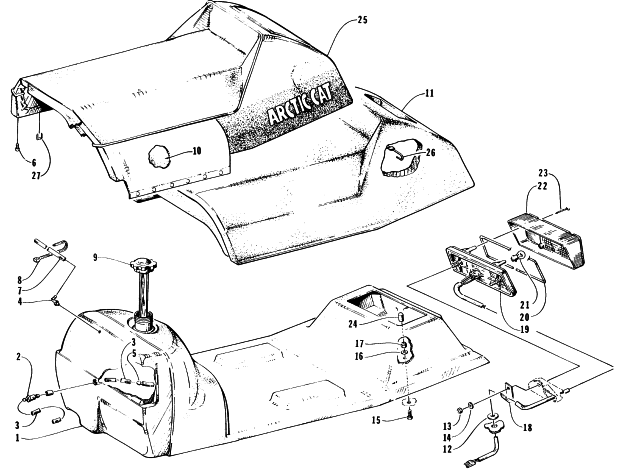 Parts Diagram for Arctic Cat 1996 ZR 440 SNOWMOBILE GAS TANK, SEAT, AND TAILLIGHT ASSEMBLY