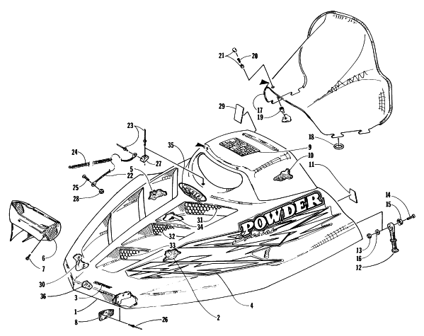 Parts Diagram for Arctic Cat 1997 POWDER SPECIAL SNOWMOBILE HOOD AND WINDSHIELD ASSEMBLY
